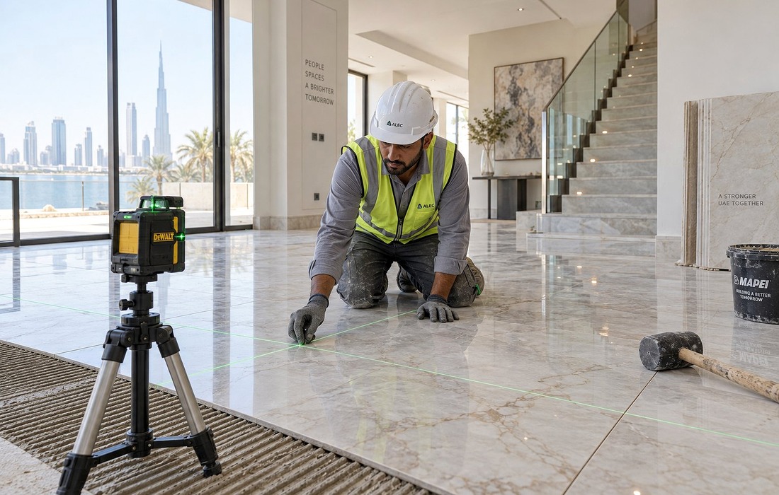 Skilled masonry technician laying large-format interior floor tiles during renovation