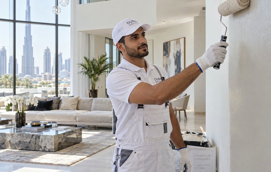 Professional decorator preparing smooth interior residential walls for painting